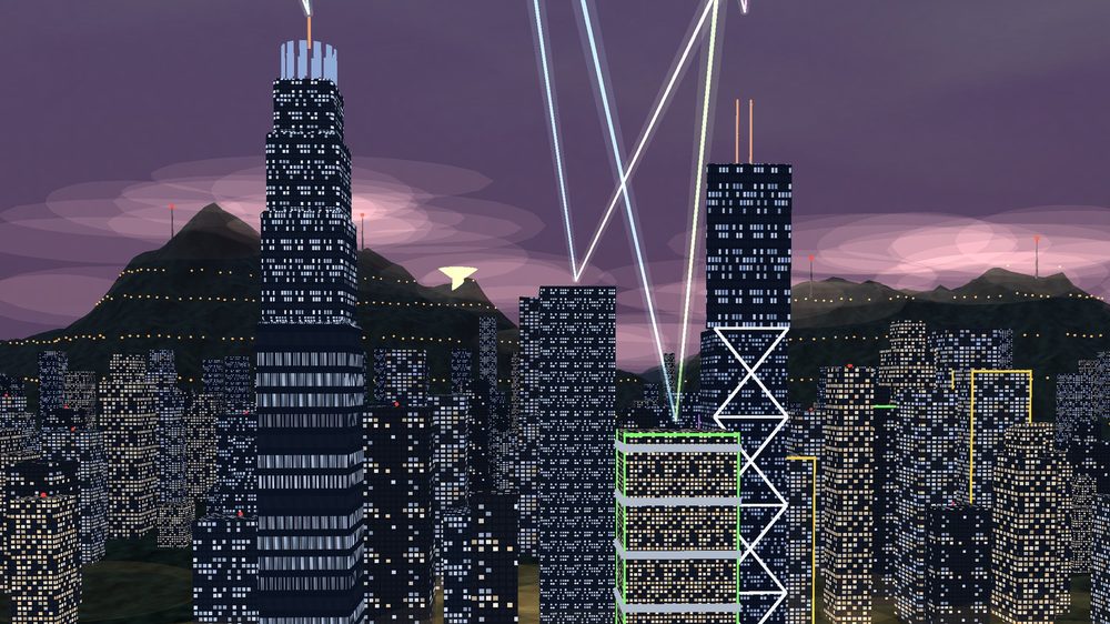 Central Hong Kong at night with searchlights and the Peak behind