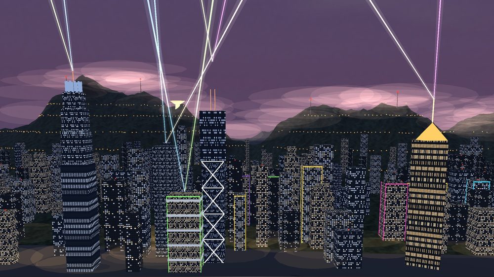 Hong Kong Island at night with searchlights and the lit ridge of the Peak, built by AuToken in its own 3D renderer