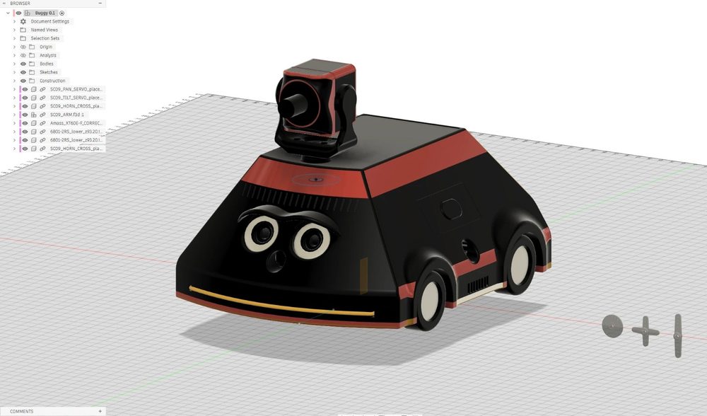 Buggy 0.1 in Fusion 360, solid view with the camera head